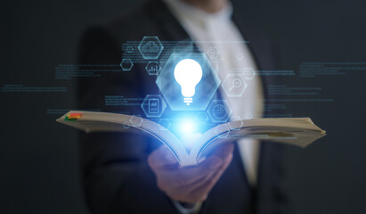 Knowledge concept, business man, students studying researching on e learning for training and creative new idea for business marketing and communication to learn and develop knowledge skill to success