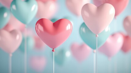 Valentine's Day Banner Concept. Colorful Heart-Shaped Balloons Floating in Soft Pastel Background
