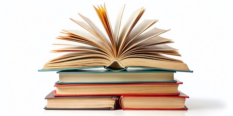 Naklejka premium Stack of Books and Open Book on White Background - Education, Learning, Reading Concept