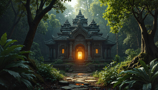 Ancient temple glows in mystical forest at dawn