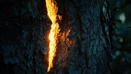 Glowing Crack in the Tree Bark: A Mystical Forest Scene