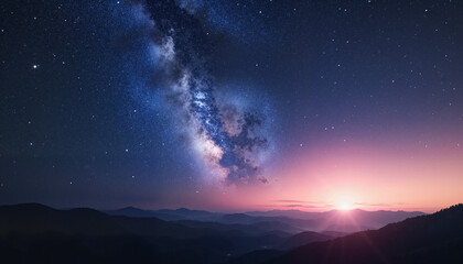 Fototapeta premium Milky Way galaxy over mountain landscape at sunrise