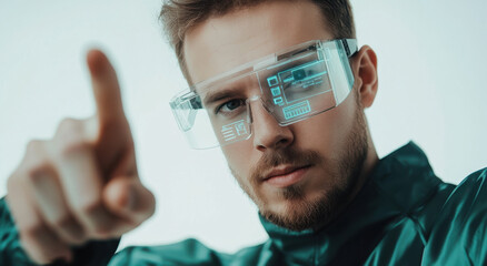 A man wearing smart glasses points at a digital interface while engaged in a high-tech activity in a contemporary workspace