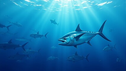 Naklejka premium School of fish gracefully swimming through sunlit ocean waters beneath the surface