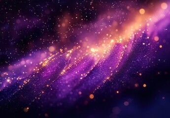 Beautiful Purple Cosmic Landscape with Bright Glittering Particles and Soft Waves in Ethereal Space Background