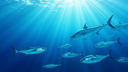 Obraz premium School of fish gracefully swimming through sunlit ocean waters beneath the surface