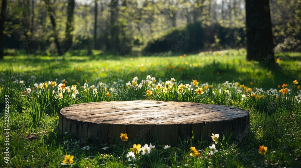 Aufkleber a wooden podium sits peacefully in a sunlit clearing, embraced by vibrant spring flowers. sunlight f