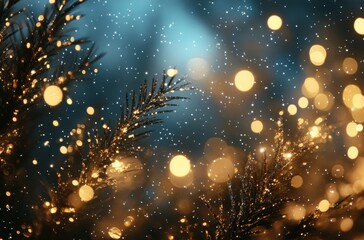 Beautiful sparkling snowflakes falling on glowing golden lights and evergreen branches in a festive winter wonderland atmosphere at night