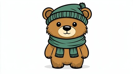 Adorable Brown Bear Wearing Winter Hat and Scarf