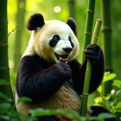Obraz premium Giant pandas feast on bamboo stalks, sunlight dappled through leaves , leaves, mammal