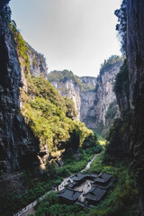 Ancient Inn at Three Natural Bridges Wulong Karst in Wulong City China.Wulong Karst Geopark is a UNESCO World Heritage site famed for its spectacular karst landscapes