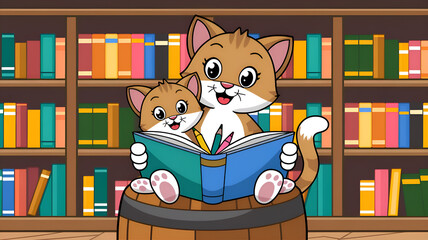 Cat Family studying book with her child 4k wallpaper