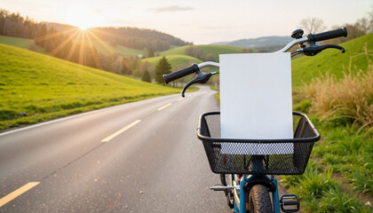 Mockup. Bicycle with flyer display on countryside road at sunset, fresh promotion