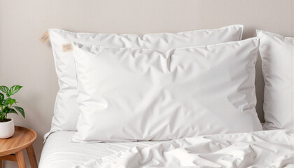 Pillow mockup in serene bedroom setting with soft morning light, tranquility