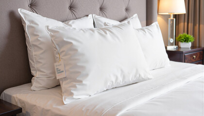 Elegant pillow mockup on luxurious bed, bright modern room