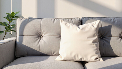 Fototapeta premium Pillow mockup showcasing tag on sofa in afternoon light, interior decor