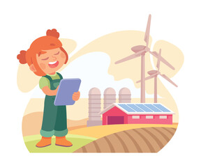 Farming Technology with Girl Farmer Stand with Tablet Vector Illustration