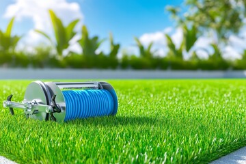 Lawn Aerator on Lush Green Grass - A blue lawn aerator rolls across vibrant green grass, symbolizing spring, growth, lawn care, aeration, and healthy landscaping.