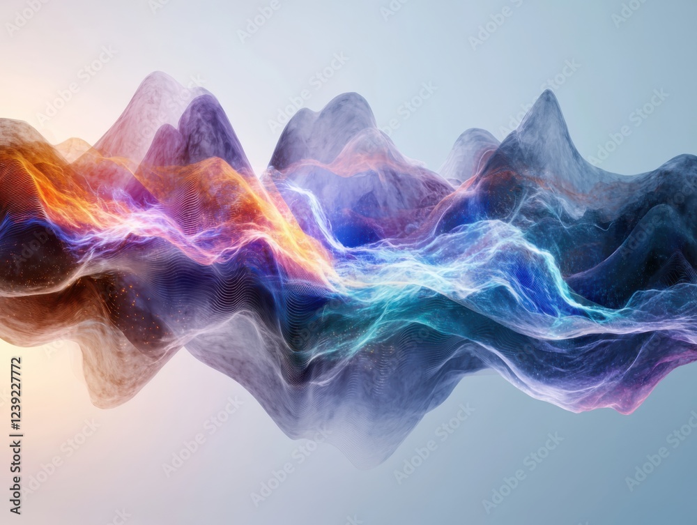Poster visualizing sound waves colorful patterns flowing through space in an engaging digital gigapixel env
