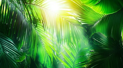 Obraz premium Lush Tropical Paradise - Vibrant green palm leaves bathed in sunlight, creating a lush and tranquil tropical scene. Perfect for travel, nature, and summer themes.