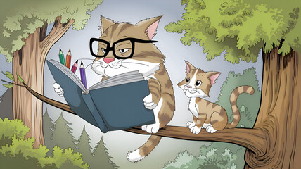 Cat Family studying book with her child 4k wallpaper