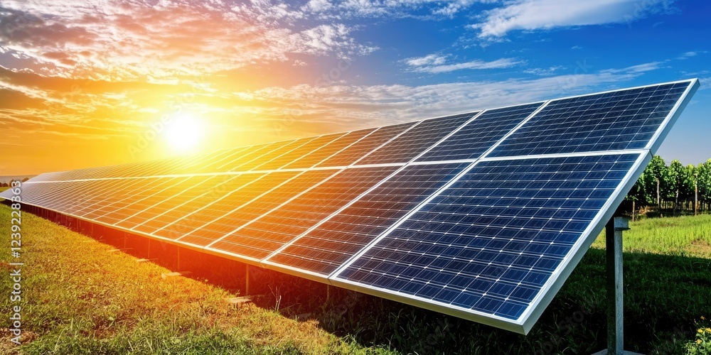 Poster solar array in a vast field under a dramatic sunset, highlighting renewable energy potential