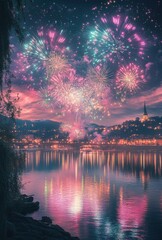 Fototapeta premium Captivating Fireworks Display Over Serene Lake at Dusk with Colorful Reflections and Vibrant Sky Showcasing the Beauty of Celebration and Nighttime Glory