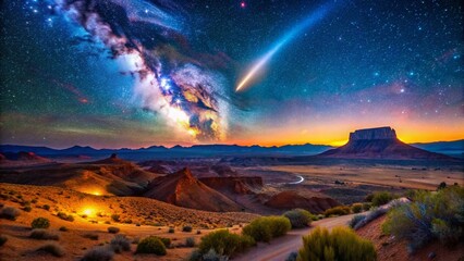 Obraz premium Stunning Aerial Drone Shot of Comet NEOWISE over Desert Landscape at Night