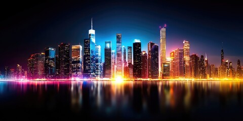 Obraz premium Night view of a futuristic metropolis illuminated by neon lights, highlighting modern urban living