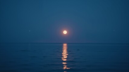 Fototapeta premium Bright moonlight casts shimmering reflections on calm ocean waters during a tranquil night