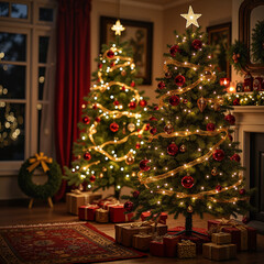 Festive Christmas trees with lights and ornaments in cozy room