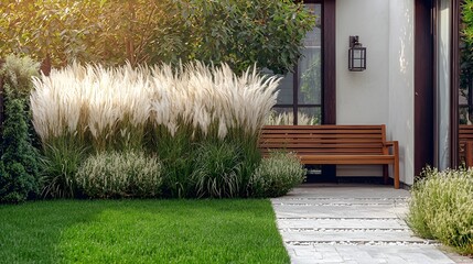 Serene garden patio bench, pampas grass, lawn