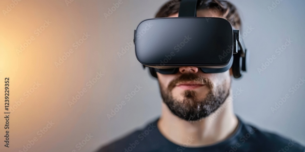Poster advanced vr gaming technology demonstration, sleek hardware and demo screens, informative and engagi
