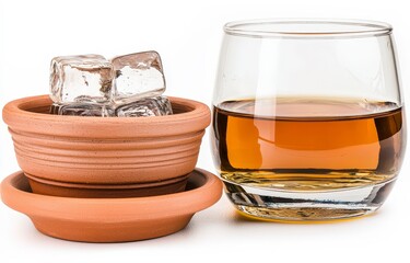 Refreshing Drink with Ice in Glass and Clay Bowl on White Background