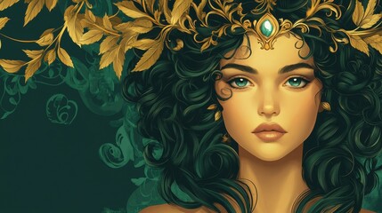 A regal woman with dark curls and a golden crown
