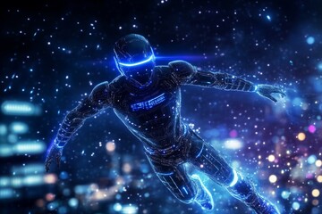 Fototapeta premium Futuristic Cyborg Soaring Through Cityscape - A glowing cyborg figure flies through a vibrant, futuristic city at night, sparks trailing behind. High-tech, dynamic image.