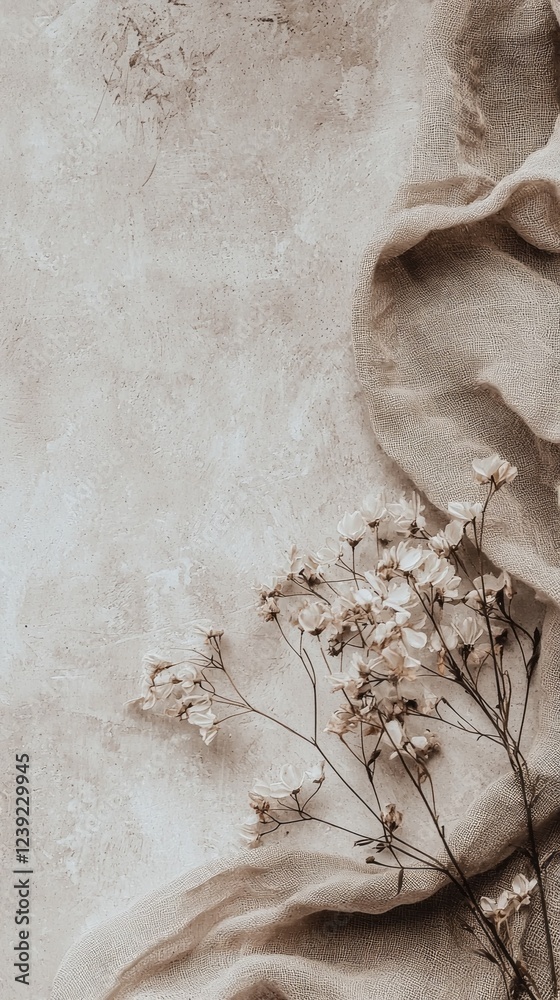 Aufkleber Soft linen envelops delicate dried flowers, creating a calming composition that evokes tranquility. The muted tones enhance the natural beauty of this still life
