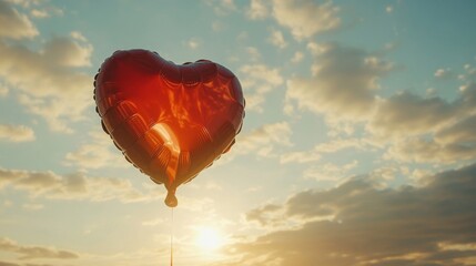 Fototapeta premium Red Heart Shaped Balloon Soaring in Sunset Sky