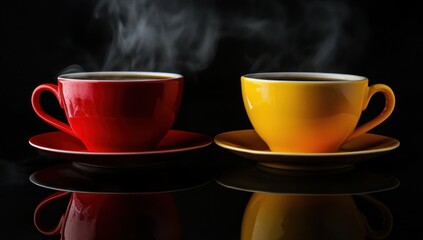 Obraz premium Two steaming cups of coffee, one red and one yellow, sitting on a reflective black surface. Warm colors, perfect for a cozy morning.