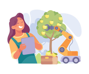 Farming Technology with Woman Farmer Harvest with Robotic Arm and Tablet Vector Illustration