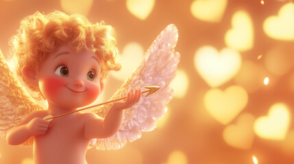 Fototapeta premium Cupid, the mischievous love god, with his glowing emerald eyes, golden hair, and rosy cheeks. His bow and arrow are a clear sign heâs ready to stir up a little romance and trouble