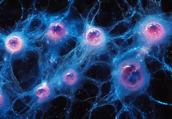 Fototapeta premium Close-up of Colorful Neurons with Intricate Structures and Brightly Colored Nuclei Glowing Against a Dark Background, Depicting Neural Networks and Connections