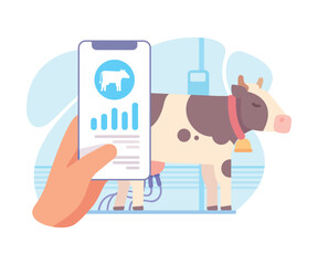 Farming Technology with Hand Use Smartphone App Monitor Milking Cow Vector Illustration