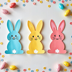 Colorful Easter bunnies and eggs on white background