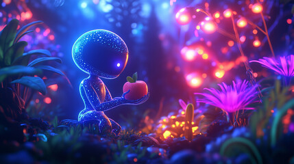 Futuristic aliens savoring apples in a lush, radiant garden, surrounded by glowing flowers and exotic plants. This delightful generative AI scene mixes sci-fi elements with a seren