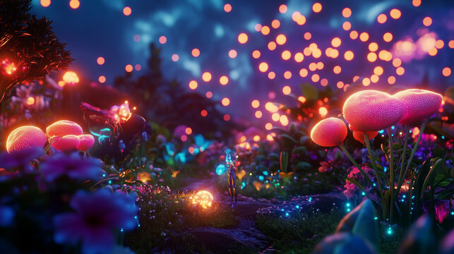Futuristic aliens savoring apples in a lush, radiant garden, surrounded by glowing flowers and exotic plants. This delightful generative AI scene mixes sci-fi elements with a seren