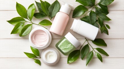 A serene display of cosmetic jars and bottles on a wooden surface, surrounded by vibrant green leaves, ideal for beauty product advertisements, skincare blogs, and organic product promotions,