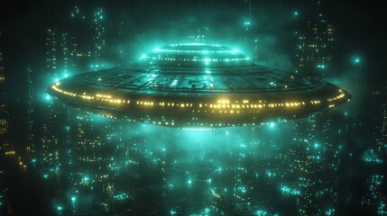 A green UFO is flying over a city at night