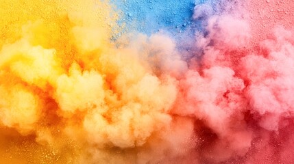 Fototapeta premium Vibrant colored powder explodes in a cloud of yellow, pink, and blue, creating an artistic backdrop ideal for creative projects, events, or celebration promotions, Use in marketing, social media