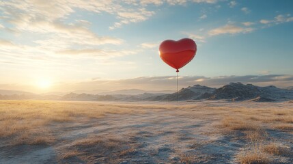 Fototapeta premium Red Heart Shaped Balloon Soaring Over Snowy Landscape at Sunrise